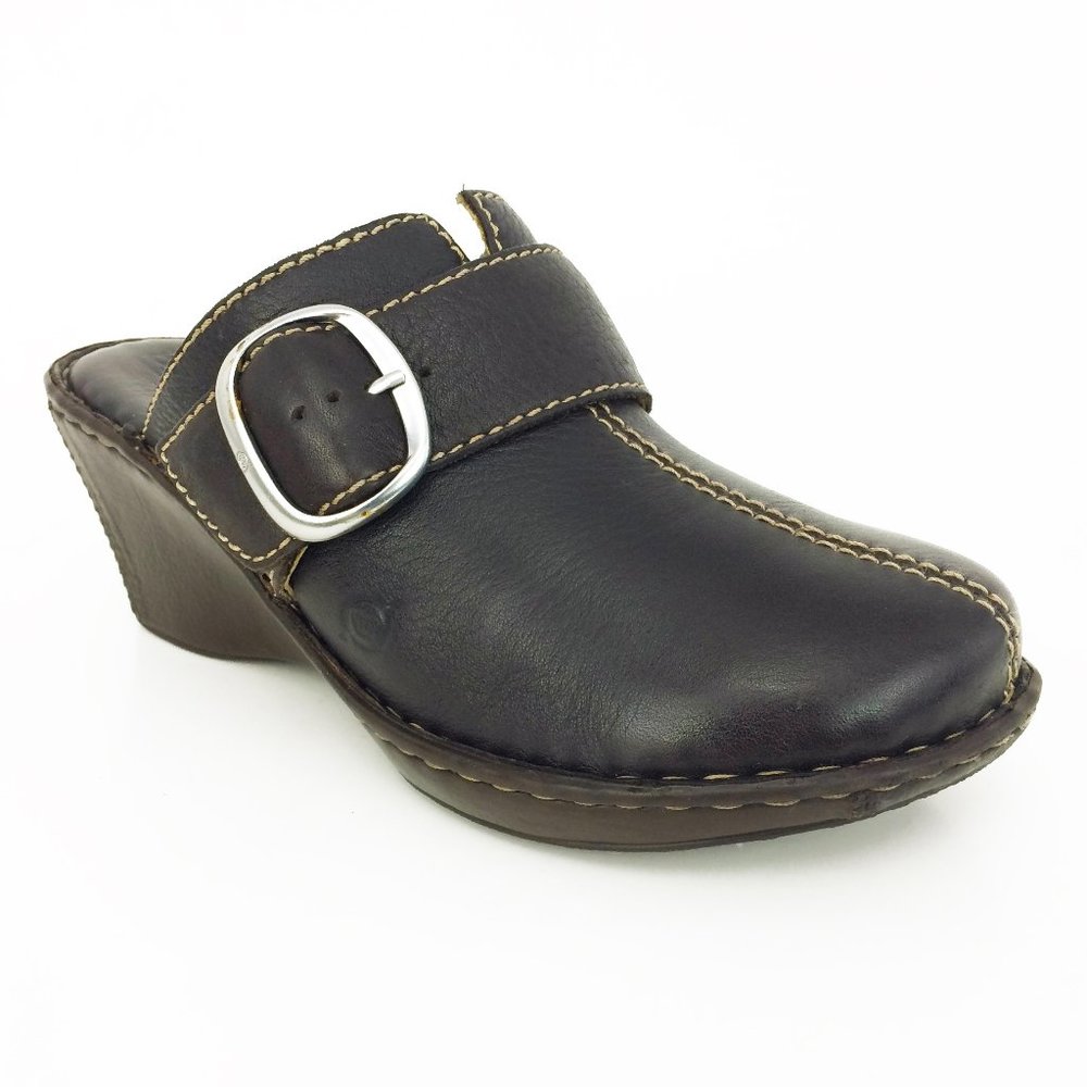 Born Brown Leather Wedges Slip On Mules Clogs
